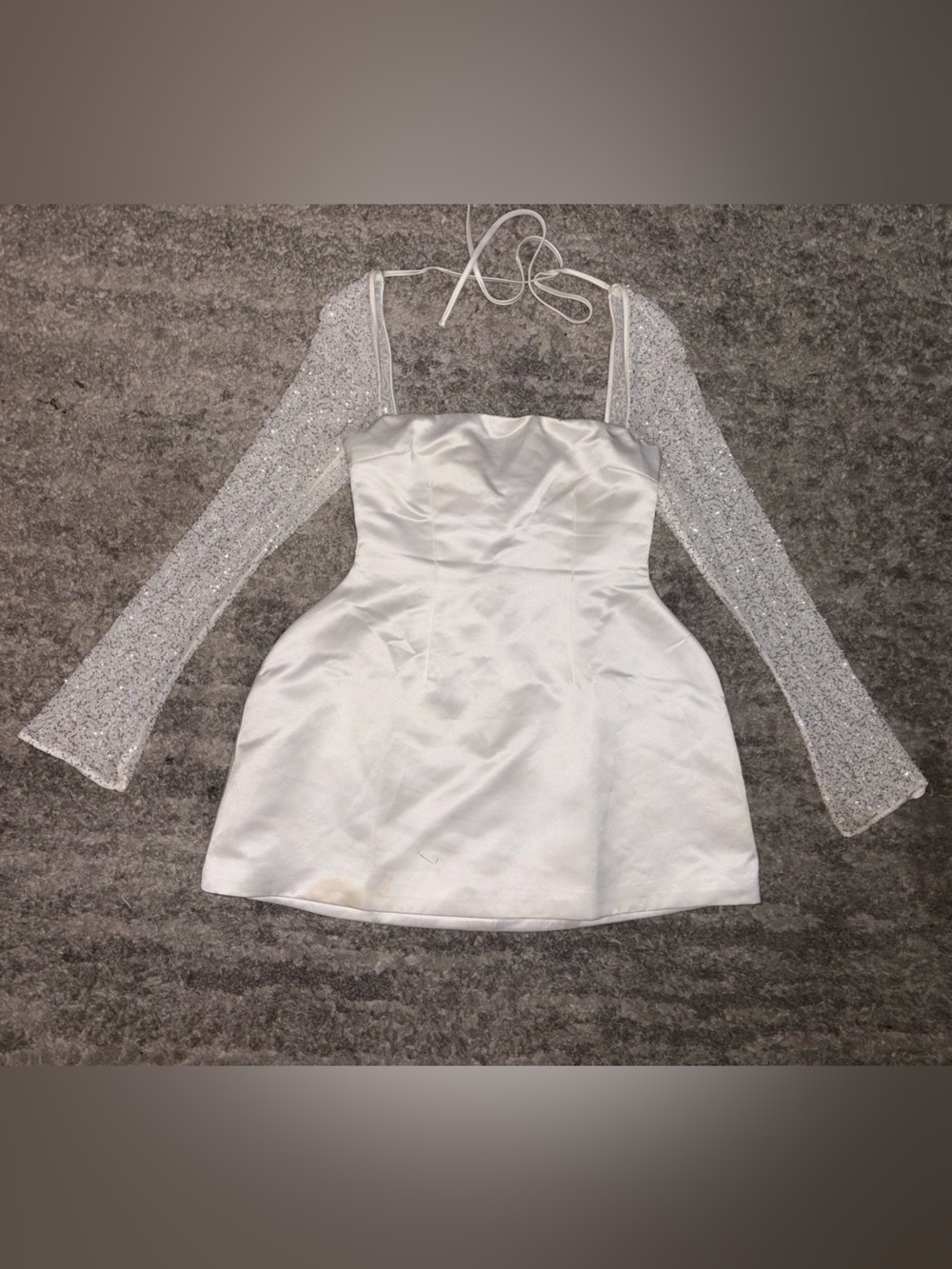 White Satin Mini Dress with Sheer Sparkle Long Sleeves